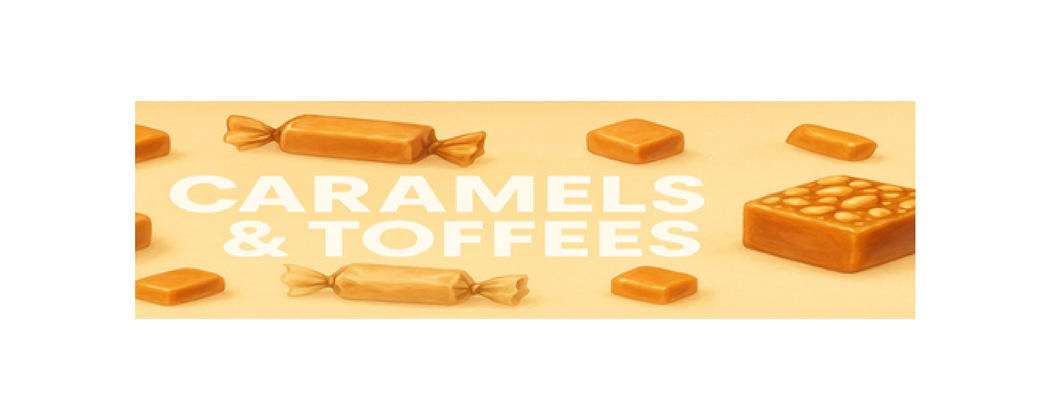 Caramels & Toffees category banner – creamy caramels and soft toffees on a warm golden background.