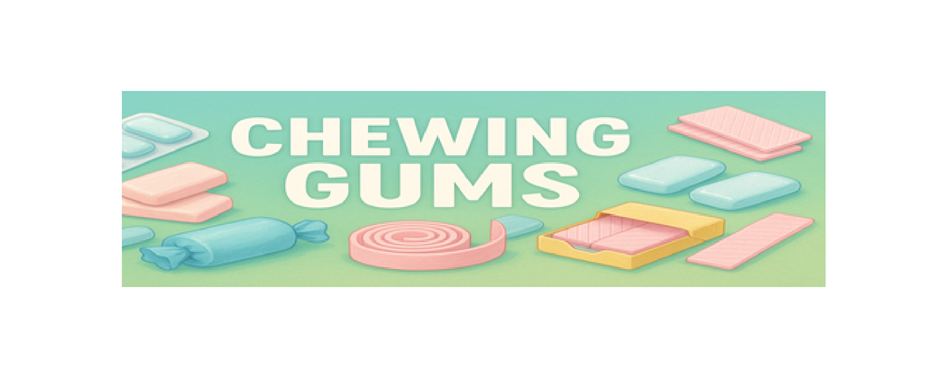 Chewing Gums category banner – pastel chewing gum sticks, rolls and tablets on a green to aqua gradient background.