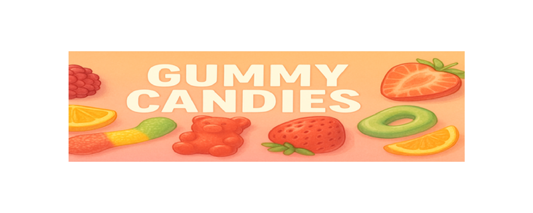 Gummy Candies category banner – colourful gummy bears, fruit gummies and sour worms on a warm orange gradient background.