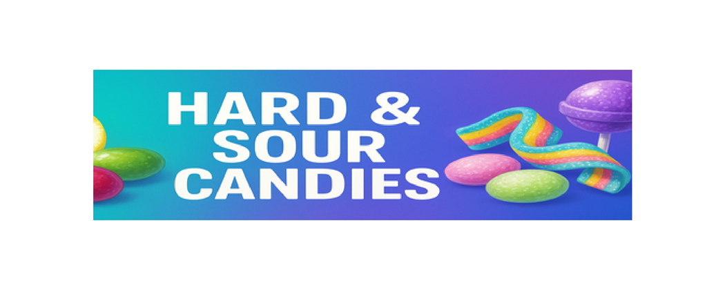 Hard and Sour Candies category banner – rainbow sour strips, colourful hard candies and a purple lollipop on a blue to purple gradient background.