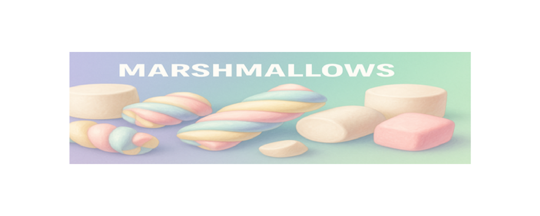 Marshmallows category banner – pastel twisted and cube marshmallows on a soft lavender and mint gradient background.